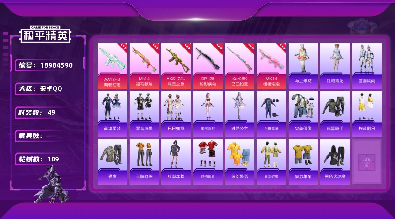 和平精英账号安卓QQ[18984590]安卓 手Q-0粉装-6特效枪-0载具-1粉色飞行器-22650热力值-3王牌印记-49套装-109枪皮
【粉色枪皮等级】：AKS-74U-森灵之息(五级)，Kar98K-巳巳如意(