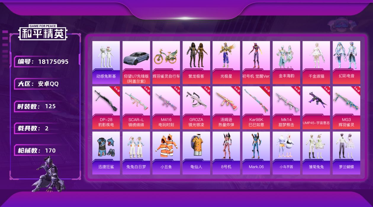 和平精英账号安卓QQ[18175095]安卓 手Q-6粉装-9特效枪-2载具-4粉色飞行器-56985热力值-11王牌印记-125套装-170枪皮
【热门品类】：粉装-繁龙极客，套装-小丑鱼，套装-动感兔斯基人偶服，套装