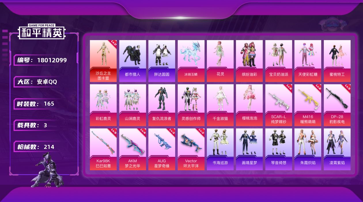 和平精英账号安卓QQ[18012099]安卓 手Q-1神装-13粉装-11特效枪-3载具-8粉色飞行器-73522热力值-11王牌印记-165套装-214枪皮
【红色神装等级】：沙丘之主-图卡盟(二级)
【红色角色神装】