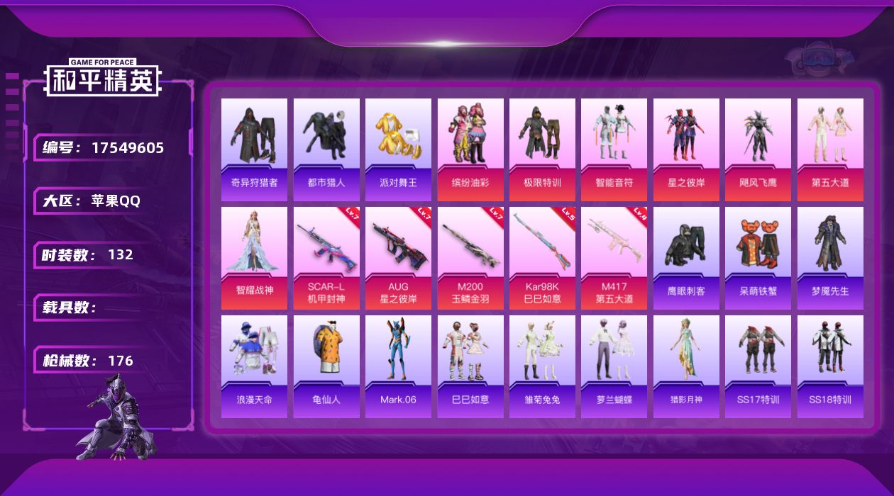 和平精英账号苹果QQ[17549605]"DFX524 可二次  苹果Q-5稀有7粉装5特效枪13热门132套装176枪皮 56418热力值 9印记 历史超级王牌8星  奇异狩猎者 都市猎人 浪漫天命 派对舞王（金靴子）