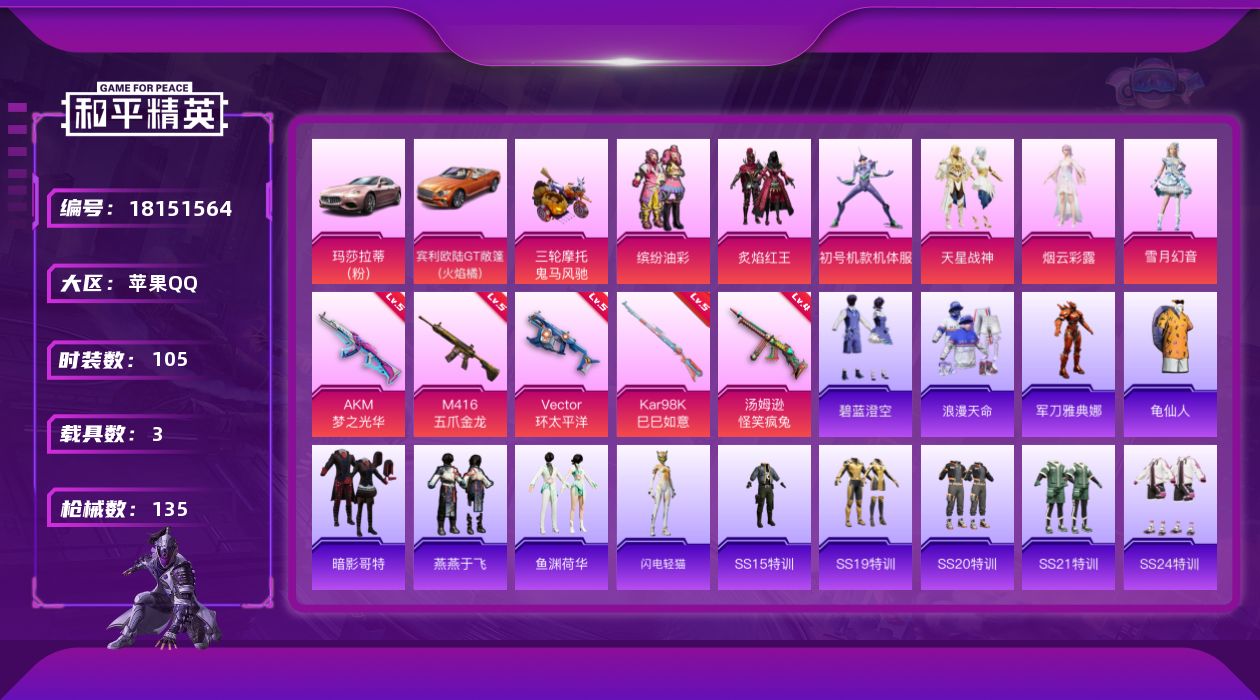 和平精英账号苹果QQ[18151564]苹果 手Q-7粉装-6特效枪-3载具-2粉色飞行器-45521热力值-5王牌印记-105套装-135枪皮
【热门品类】：粉装-缤纷油彩，套装-浪漫天命，角色-军刀雅典娜，套装-龟仙