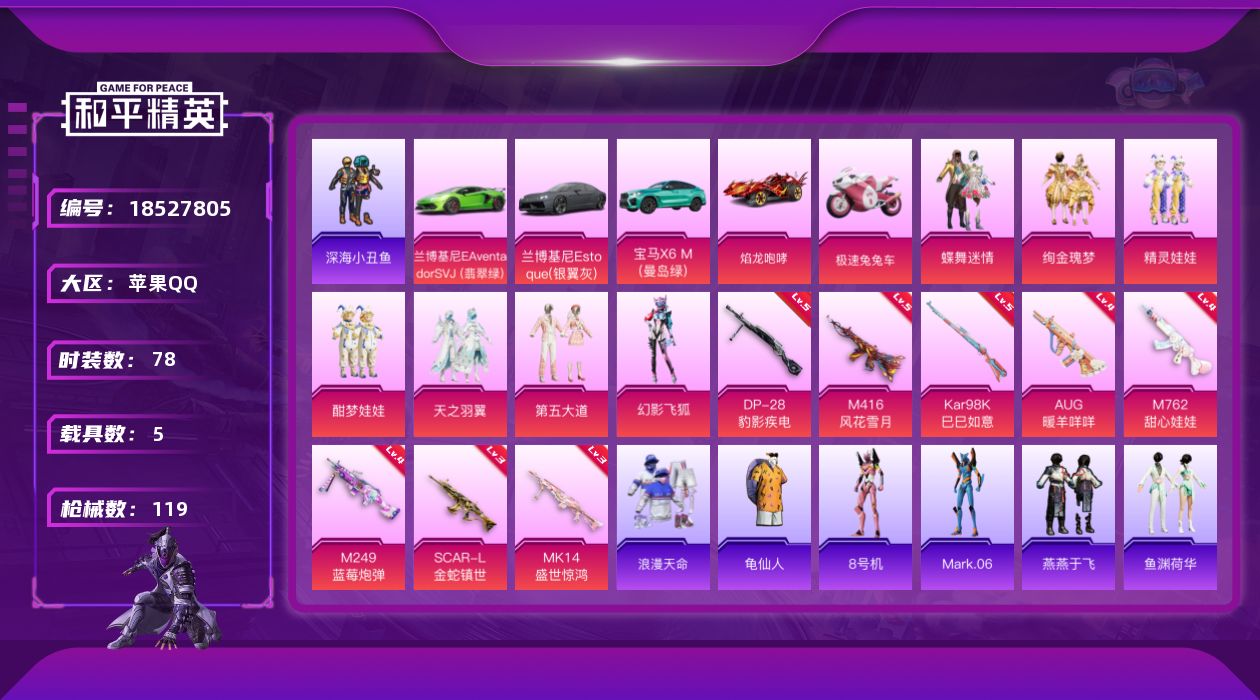 和平精英账号苹果QQ[18527805]【店主推荐捡漏号！可直接换绑】苹果 手Q-7粉装-9特效枪-5载具-5粉色飞行器-47068热力值-6王牌印记-78套装-119枪皮【热门品类】：套装-浪漫天命，套装-深海小丑鱼，