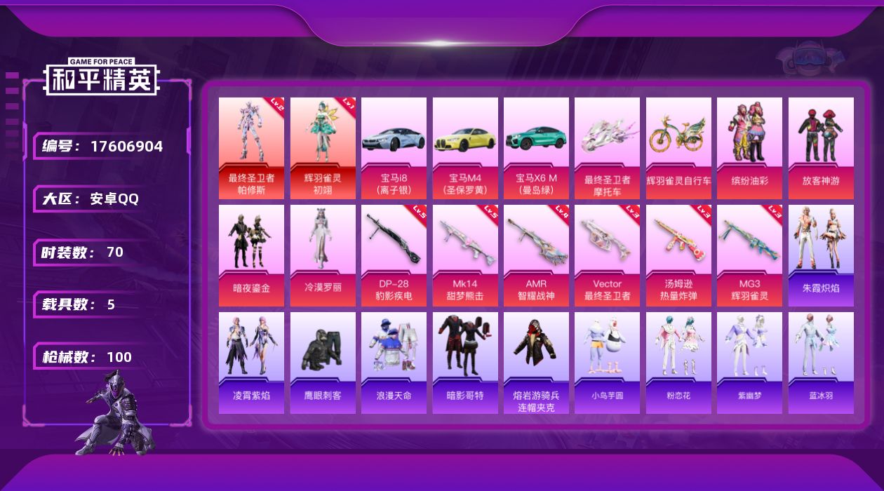 和平精英账号安卓QQ[17606904]【特价出售/店主推荐】安卓 手Q-2神装-4粉装-7特效枪-5载具-2粉色飞行器-37749热力值-6王牌印记-70套装-100枪皮
【红色神装等级】：最终圣卫者-帕修斯(二级)，