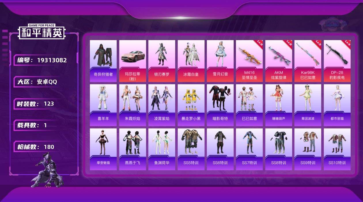 和平精英账号安卓QQ[19313082]123套装/枪械4/装备193/载具1/战备116/王牌印记8/热力值53320/六级AKM-炫紫旋律/九级M416-至情至圣/五级Kar98K-巳巳如意/四级DP-28-豹影疾电