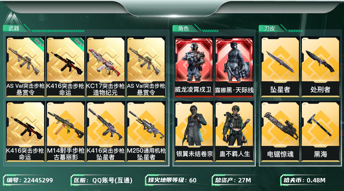 三角洲行动账号QQ【wf1195】wf1195 追缴1480万 总资产27M 流动7.3M 2红 3刀 9金 凌霄戍卫