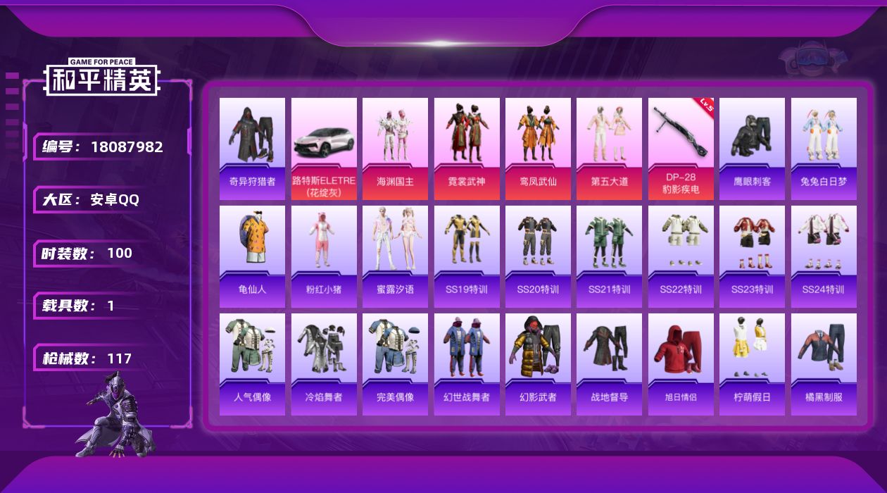 和平精英账号安卓QQ[18087982]安卓 手Q-4粉装-3特效枪-1载具-2粉色飞行器-32993热力值-2王牌印记-100套装-117枪皮
【热门品类】：套装-奇异狩猎者，套装-龟仙人，套装-粉红小猪
【粉色套装】