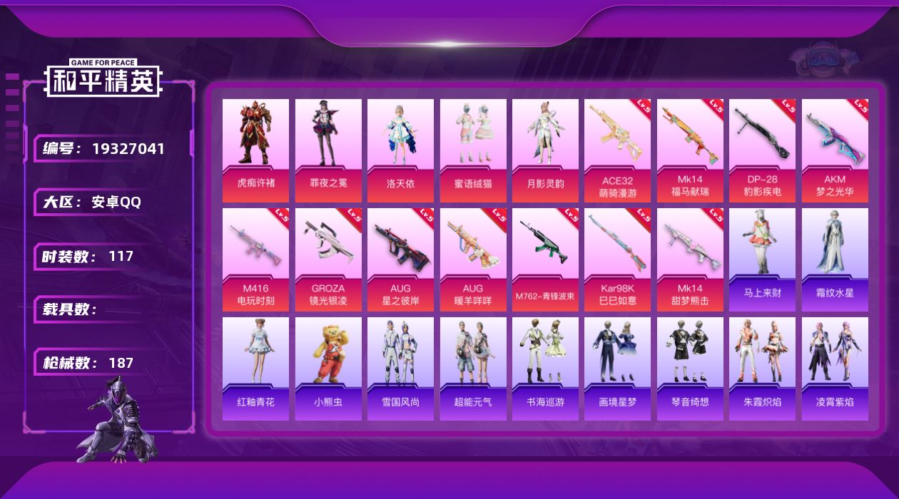 和平精英账号安卓QQ[19327041]安卓 手Q-5粉装-11特效枪-0载具-3粉色飞行器-52777热力值-7王牌印记-117套装-187枪皮
【热门品类】：套装-龟仙人
【粉色套装】：角色-洛天依，粉装-蜜语绒猫，