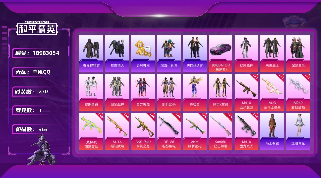 和平精英账号苹果QQ"DFX221苹果Q-包人脸三个战神框9稀有1载具9粉装10特效枪28热门270套装363枪皮118