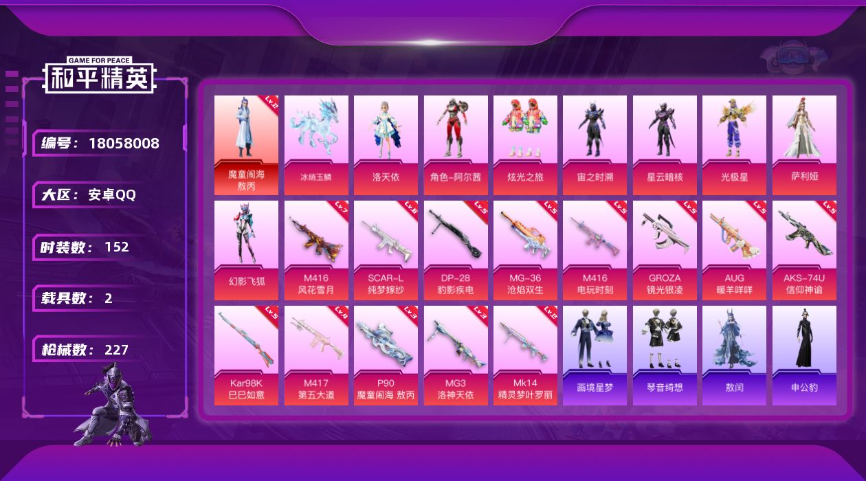 和平精英账号安卓QQ[18058008]【特价出售/店主推荐】安卓 手Q-1神装-8粉装-14特效枪-2载具-5粉色飞行器-75566热力值-16王牌印记-152套装-227枪皮【红色神装等级】：魔童闹海-敖丙(二级)【