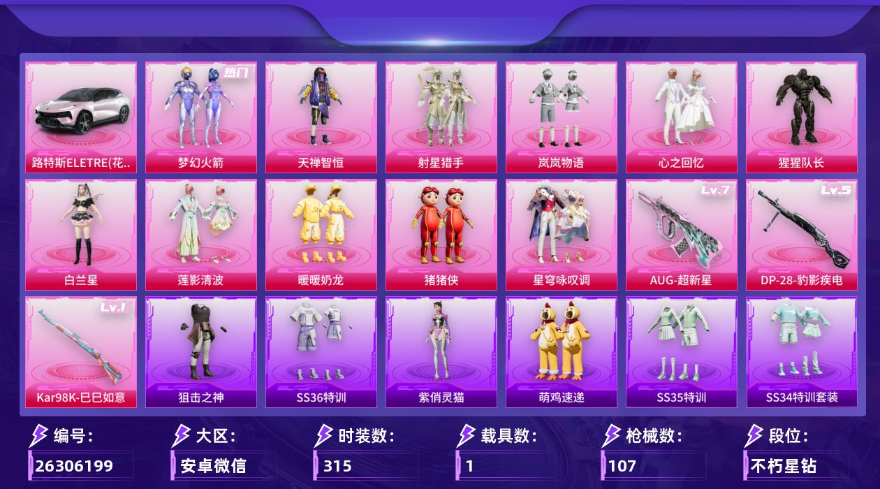 和平精英账号安卓微信[26306199]11粉装 3特效枪 1载具 4印记 可二次 可修改实名 
【热门装扮】星穹咏叹调