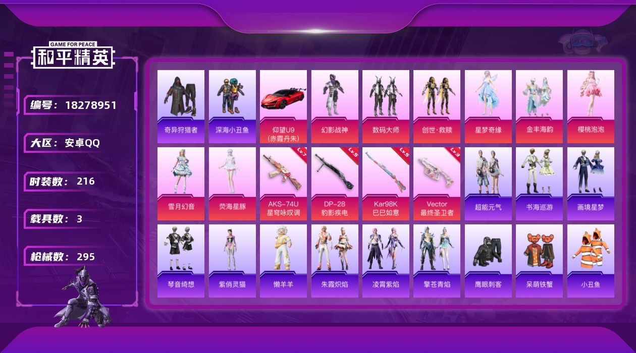 和平精英账号安卓QQ[18278951]可二次【特价出售/店主推荐】/绝世印记1 安卓 手Q-1神装-8粉装-6特效枪-3载具-13粉色飞行器-91207热力值-17王牌印记-216套装-295枪皮【红色神装等级】：灵驹