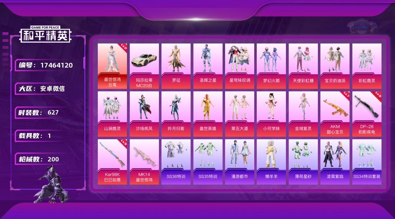 和平精英账号安卓微信1载具-172套装-200枪皮-1红装1载具14粉装4特效枪14热门172套装200枪皮 67417