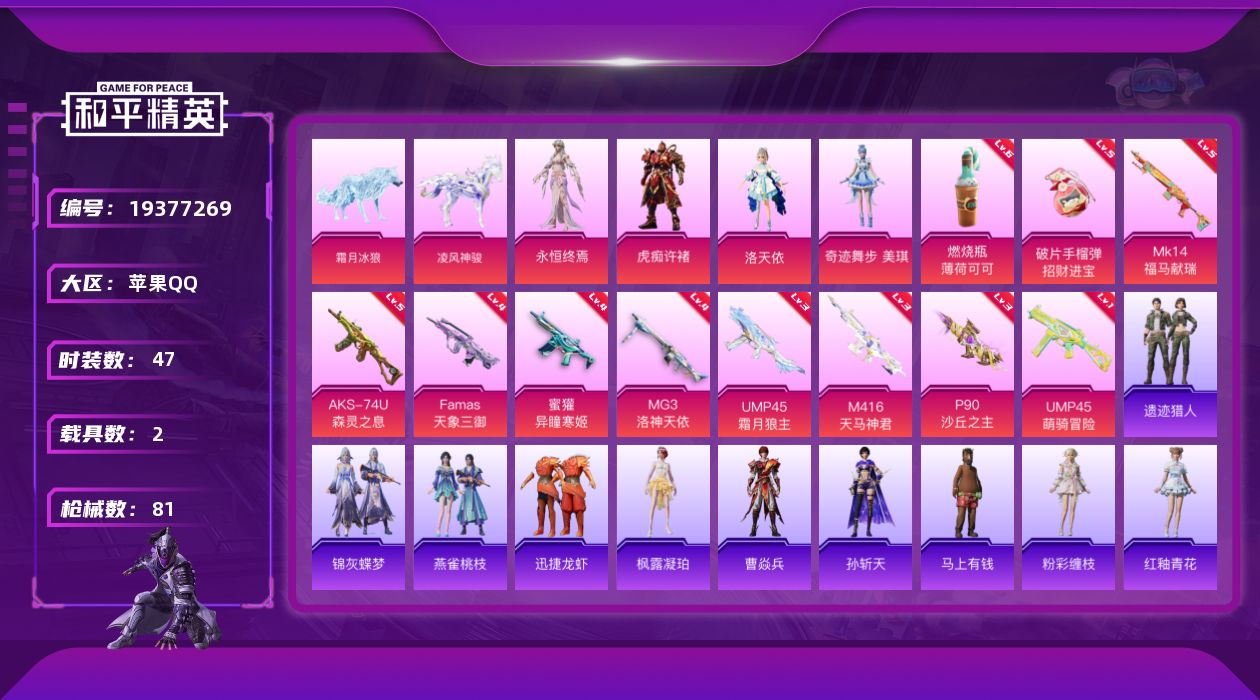 和平精英账号苹果QQ[19377269]苹果 手Q-4粉装-11特效枪-2载具-7粉色飞行器-30931热力值-4王牌印记-47套装-81枪皮
【粉色套装】：角色-洛天依，角色-奇迹舞步 美琪，角色-虎痴许褚，角色-永恒