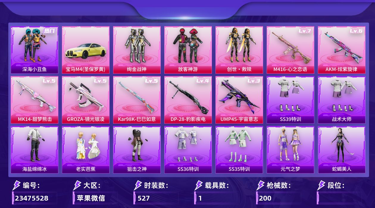 和平精英账号苹果微信[23475528]【精品号手慢无】63级收藏家，13王牌印记，热门时装深海小丑鱼,放客神游,迅捷狂