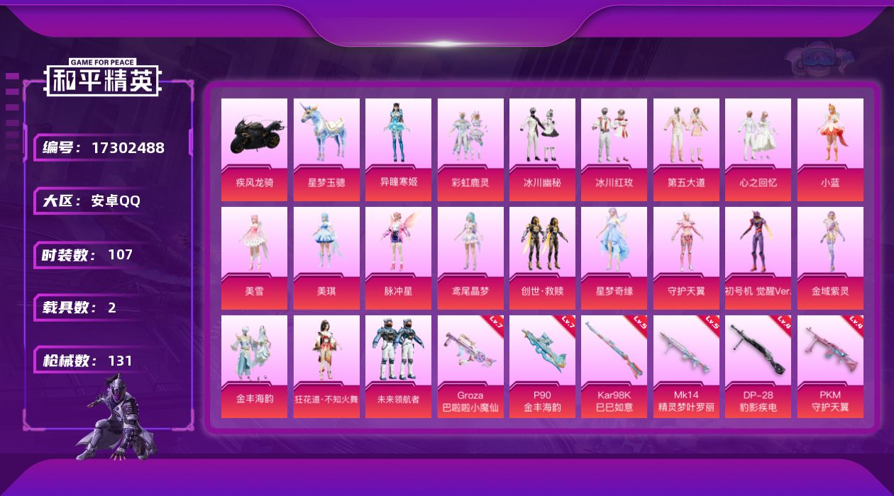 和平精英账号安卓QQ[17302488]安卓 手Q-觉醒螳螂-21粉装-12特效枪-2载具-5粉色飞行器-55051热力值-5王牌印记-107套装-131枪皮
【热门品类】：套装-浪漫天命，套装-软软马卡龙，角色-8号机