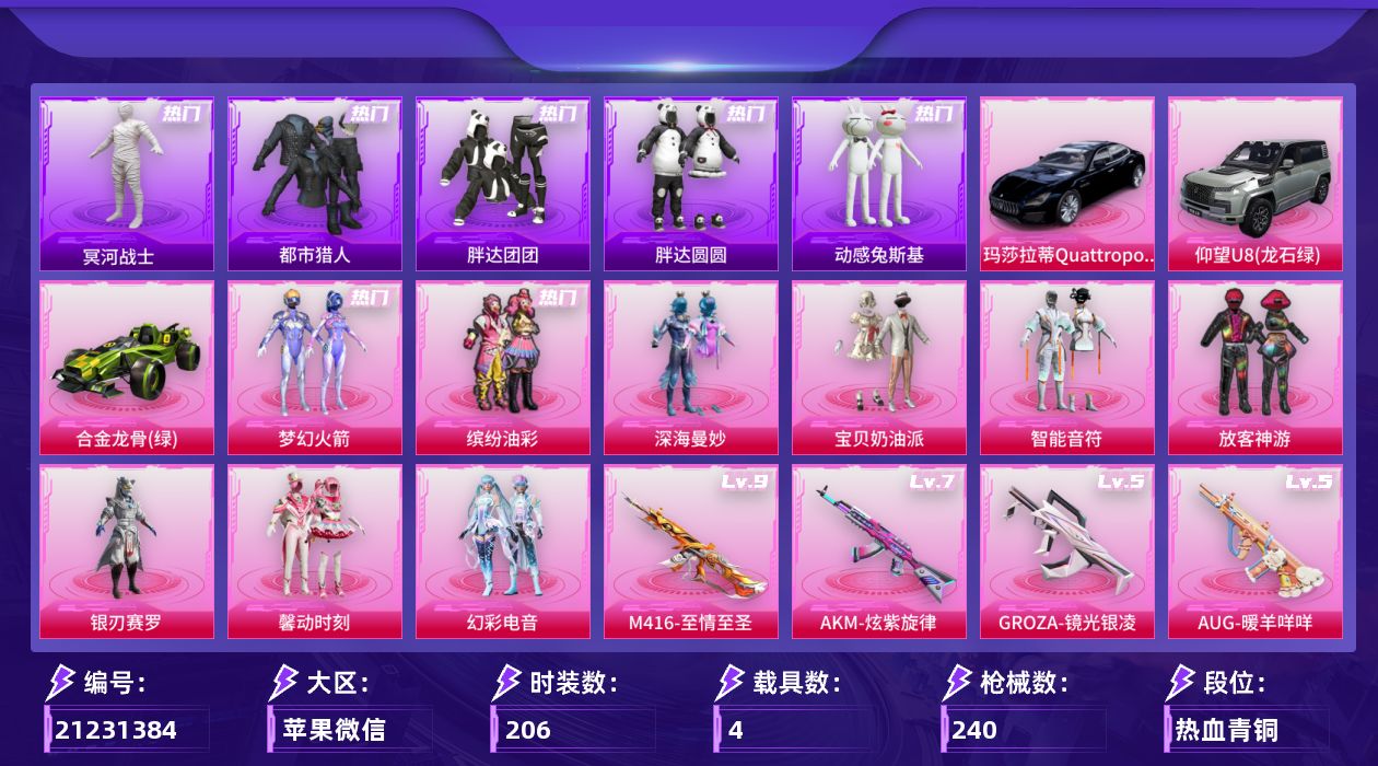 和平精英账号苹果微信[21231384]老木乃伊 可二次【特价出售/店主推荐--热门套装新101猪妹都市哥特萌熊伴侣】苹果微信-9粉装-12特效枪-4载具-2粉色飞行器-88024热力值-8王牌印记-206套装-240枪