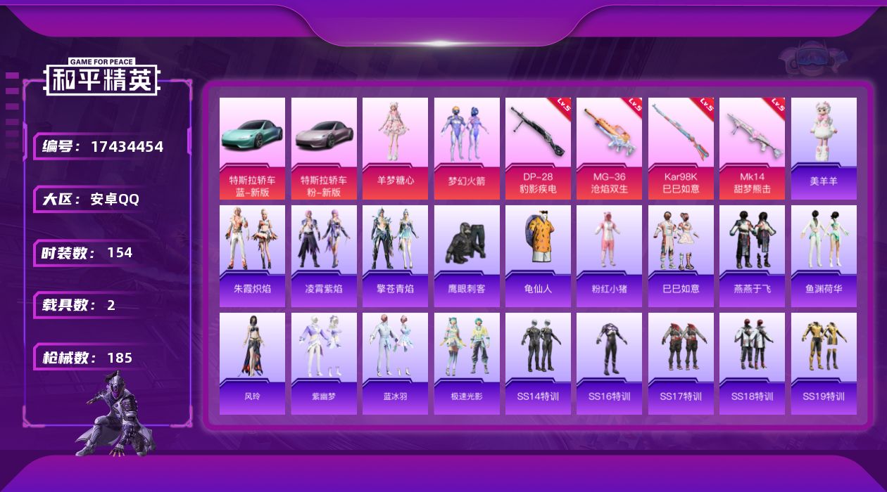 和平精英账号安卓QQ[17434454]【特价出售/店主推荐】安卓 手Q-2粉装-5特效枪-2载具-1粉色飞行器-58554热力值-14王牌印记-154套装-185枪皮
【热门品类】：粉装-梦幻火箭，套装-龟仙人，套装-