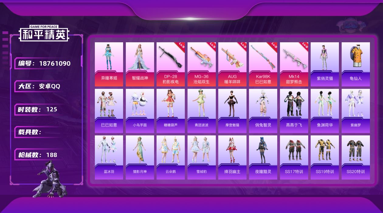 和平精英账号安卓QQ[18761090]安卓 手Q-2粉装-8特效枪-0载具-1粉色飞行器-45991热力值-2王牌印记-125套装-188枪皮
【热门品类】：套装-龟仙人
【粉色套装】：角色-智耀战神，角色-异瞳寒姬
