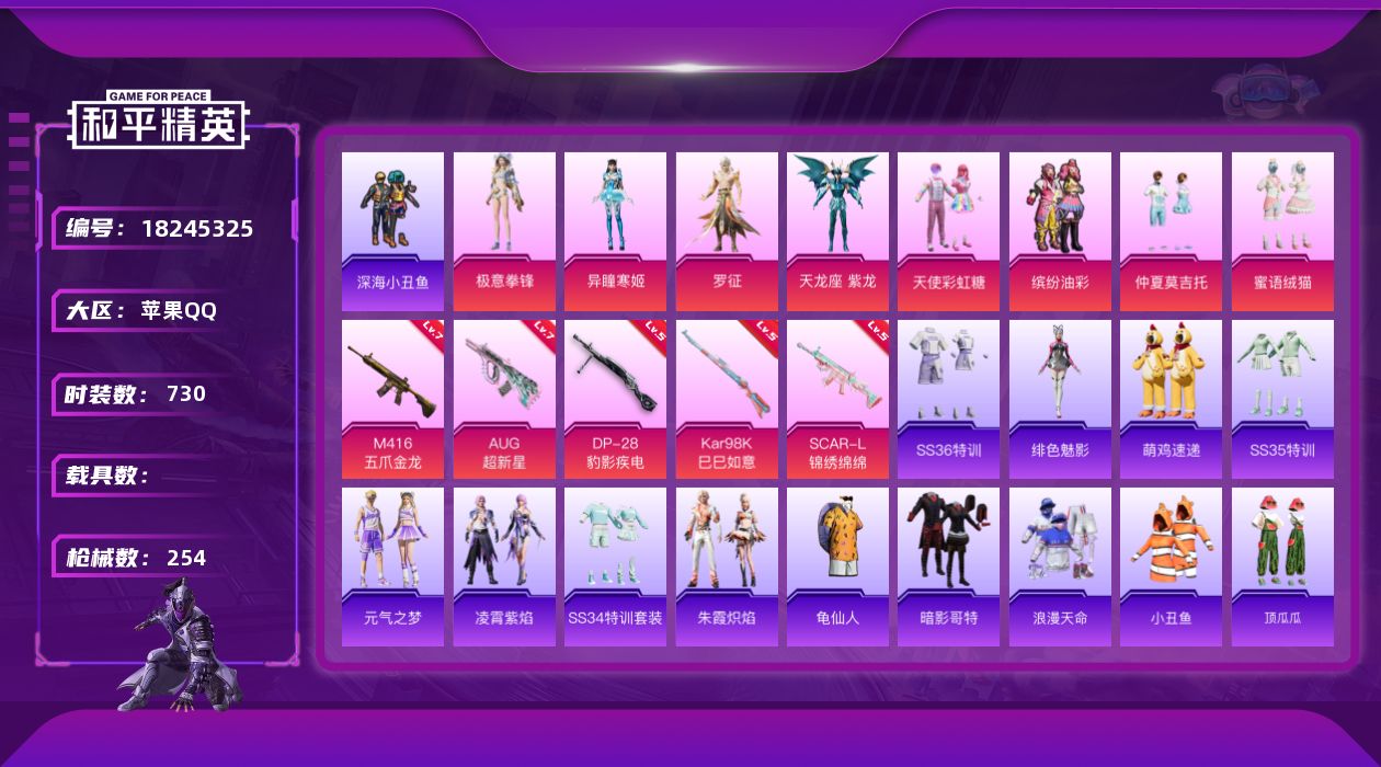 和平精英账号苹果QQ0载具-194套装-254枪皮-2稀有8粉装9特效枪16热门194套装254枪皮 79627热力值 