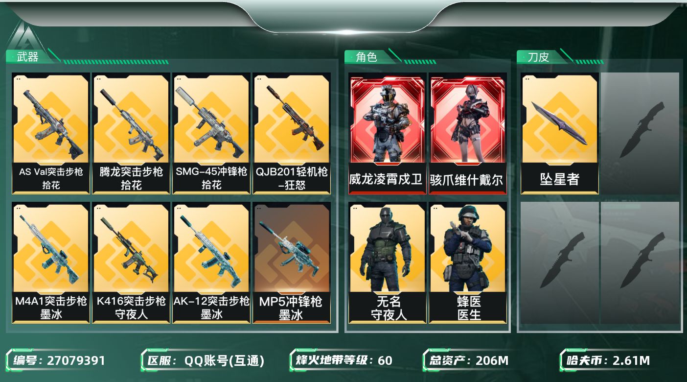三角洲行动账号QQ【7925】206m总资产-2617k哈夫币-60烽火等级-钻石-50战场等级-上等兵
【干员外观】