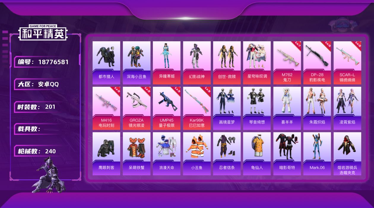 和平精英账号安卓QQ[18776581]安卓 手Q-4粉装-9特效枪-0载具-3粉色飞行器-72145热力值-7王牌印记-201套装-240枪皮
【热门品类】：套装-浪漫天命，套装-都市猎人，套装-深海小丑鱼，套装-小丑