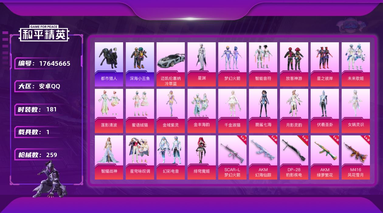 和平精英账号安卓QQ[17645665]DF314 安卓 包人脸 手Q-19粉装-12特效枪-1载具-6粉色飞行器-93392热力值-13王牌印记-181套装-259枪皮
【热门品类】：粉装-梦幻火箭，套装-浪漫天命，套