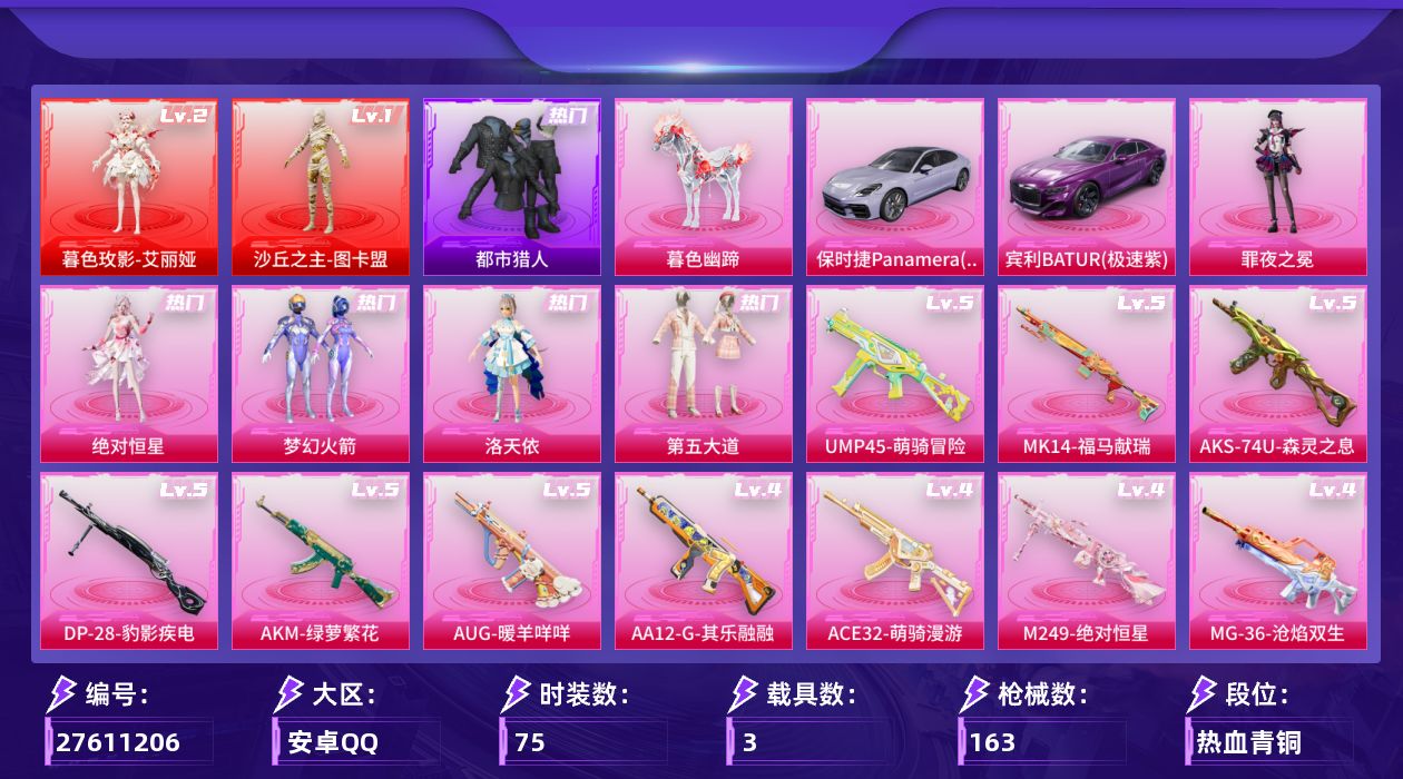 和平精英账号安卓QQ[27611206]【948】75套装/枪械20/装备210/载具3/战备99/王牌印记3/热力值55917/梦幻火箭背包(3级)/梦幻火箭背包(2级)/梦幻火箭背包(1级)/深海小丑鱼背包(1级)/