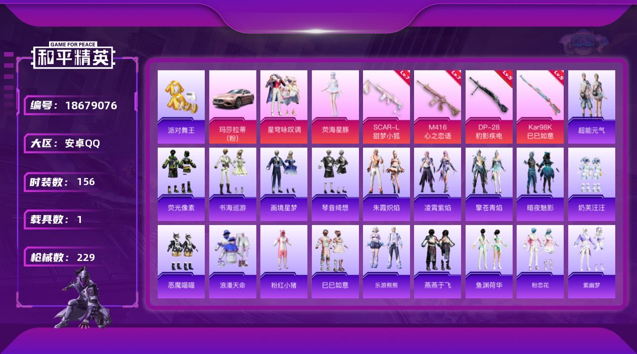 和平精英账号安卓QQ[18679076]安卓 手Q-3粉装-11特效枪-1载具-2粉色飞行器-69807热力值-10王牌印记-156套装-229枪皮
【热门品类】：套装-浪漫天命，套装-派对舞王，套装-粉红小猪
【粉色套