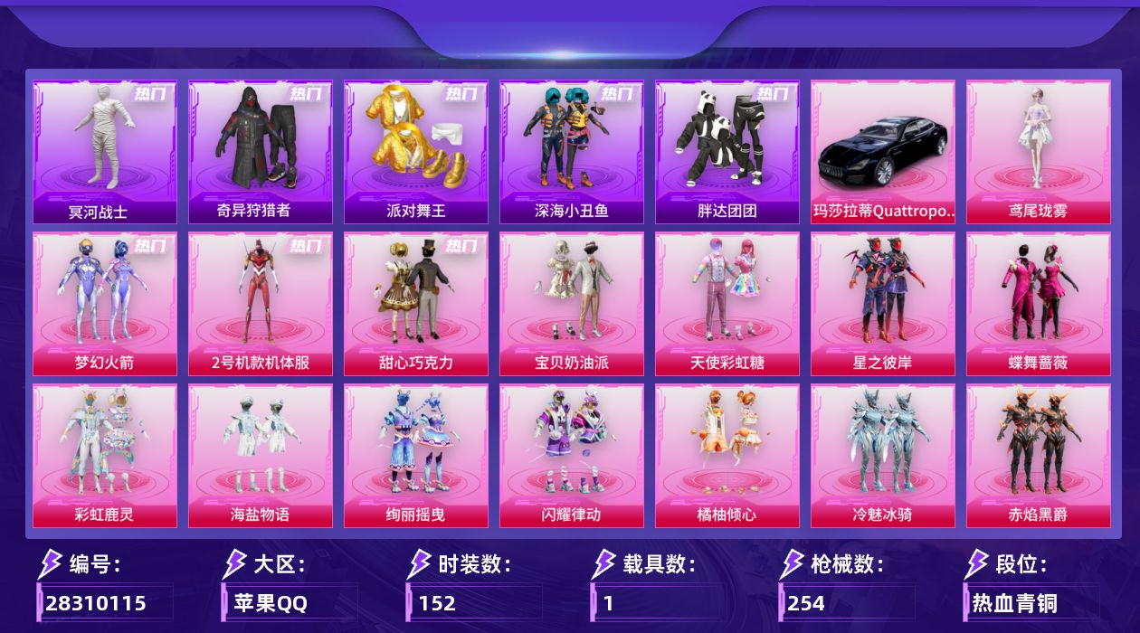 [28310115]苹果手Q-历史最高段位：卓越王牌19星-21粉装-24特效枪-1载具-5粉色飞行器-83791热力值-10王牌印记-152套装-254枪皮
【热门品类】：粉装-梦幻火箭，粉装-2号机款机体服，套装-浪漫天命，套装-冥河战士，套装-派对舞王，套装-深海小丑鱼，套装-小丑鱼，套装-奇异狩猎者，角色-军刀雅典娜，套装-胖达团团，套装-星河浪客，套装-龟仙人，套装-暗影哥特，套装-粉红小猪
【粉色套装】：粉装-甜心巧克力，粉装-宝贝奶油派，粉装-天使彩虹糖，粉装-梦幻火箭，粉装-星之彼岸，粉装-蝶舞蔷薇，粉装-彩虹鹿灵，角色-2号机款机体服，粉装-海盐物语，粉装-绚丽摇曳，粉装-闪耀律动，粉装-橘柚倾心，粉装-冷魅冰骑，粉装-赤焰黑爵，粉装-紫电风暴，粉装-圣光天使，粉装-霁雪冰心，粉装-霞光圣骑，粉装-寒光使者，角色-烟云彩露，角色-鸢尾珑雾
【粉色枪皮等级】：轻型迫击炮-酷夏轰炸(一级)，AKM-甜心宝贝(一级)，AKM-梦之光华(五级)，SCAR-L-梦幻火箭(一级)，SCAR-L-童趣迷兔(五级)，M416-心之恋语(一级)，M416-至情至圣(九级)，AUG-星之彼岸(四级)，M762-甜蜜誓约(四级)，蜜獾-奇幻森林(五级)，ARX-神木藏锋(五级)，汤姆逊-玉魄流云(五级)，AKS-74U-琉璃赤心(五级)，P90-甜蜜草莓(五级)，Kar98K-巳巳如意(三级)，AWM-花间之火(五级)，AWM-橘柚倾心(二级)，Mk14-甜梦熊击(五级)，M417-灰烬之翎(一级)，AA12-G-其乐融融(五级)，M249-猪猪侠(二级)，DP-28-豹影疾电(五级)，M338-回旋牧梦使(一级)
【粉色载具】：玛莎拉蒂Quattroporte（夜幕蓝）
【粉色枪皮】：轻型迫击炮-酷夏轰炸，AKM-甜心宝贝，AKM-梦之光华，SCAR-L-梦幻火箭，SCAR-L-童趣迷兔，M416-心之恋语，M416-至情至圣，AUG-星之彼岸，M762-甜蜜誓约，蜜獾-奇幻森林，ARX-神木藏锋，汤姆逊-玉魄流云，AKS-74U-琉璃赤心，P90-甜蜜草莓，Kar98K-巳巳如意，AWM-花间之火，AWM-橘柚倾心，Mk14-甜梦熊击，M417-灰烬之翎，AA12-G-其乐融融，M249-猪猪侠，DP-28-豹影疾电，M338-回旋牧梦使，烟雾弹-猫咪绅士
【粉色飞行器】：满月旋律飞