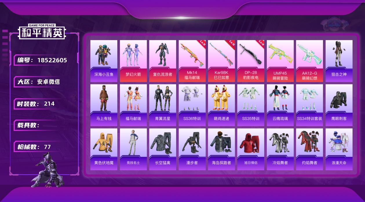 和平精英账号安卓微信2粉装 5特效枪 2印记 可二次 可修改实名 
【热门装扮】梦幻火箭(新101) ,复仇流浪者,鹰眼