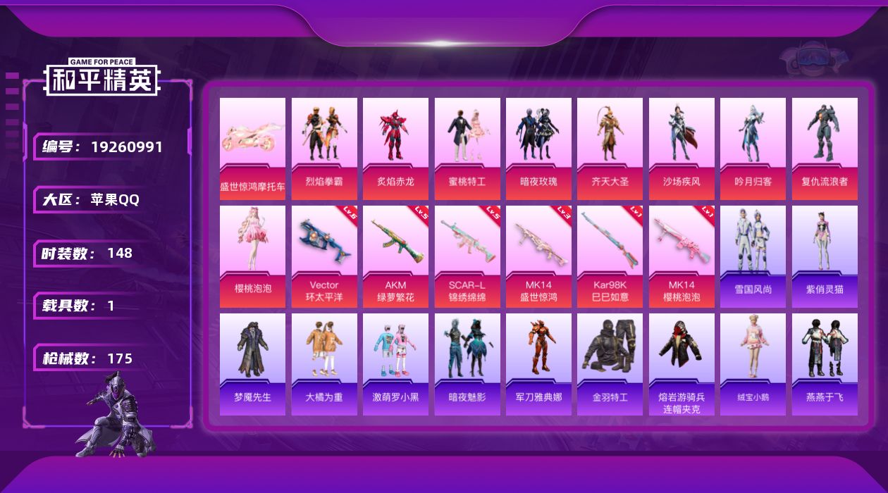 和平精英账号苹果QQ[19260991]苹果 手Q-9粉装-6特效枪-1载具-3粉色飞行器-56517热力值-3王牌印记-148套装-175枪皮
【热门品类】：角色-军刀雅典娜，套装-金羽特工，熔岩游骑兵连帽夹克
【粉色