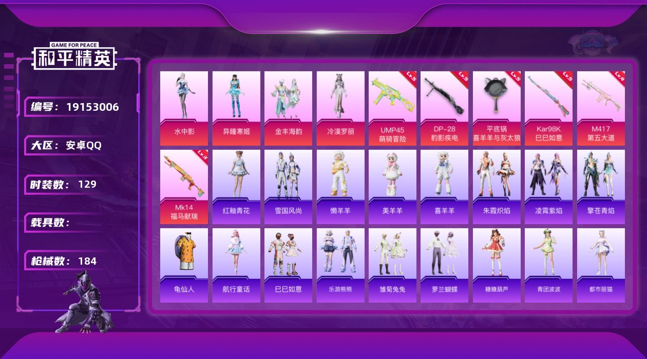 和平精英账号安卓QQ[19153006]安卓 手Q-4粉装-6特效枪-0载具-1粉色飞行器-48529热力值-7王牌印记-129套装-184枪皮
【热门品类】：套装-龟仙人
【粉色套装】：粉装-金丰海韵，角色-冷漠罗丽，