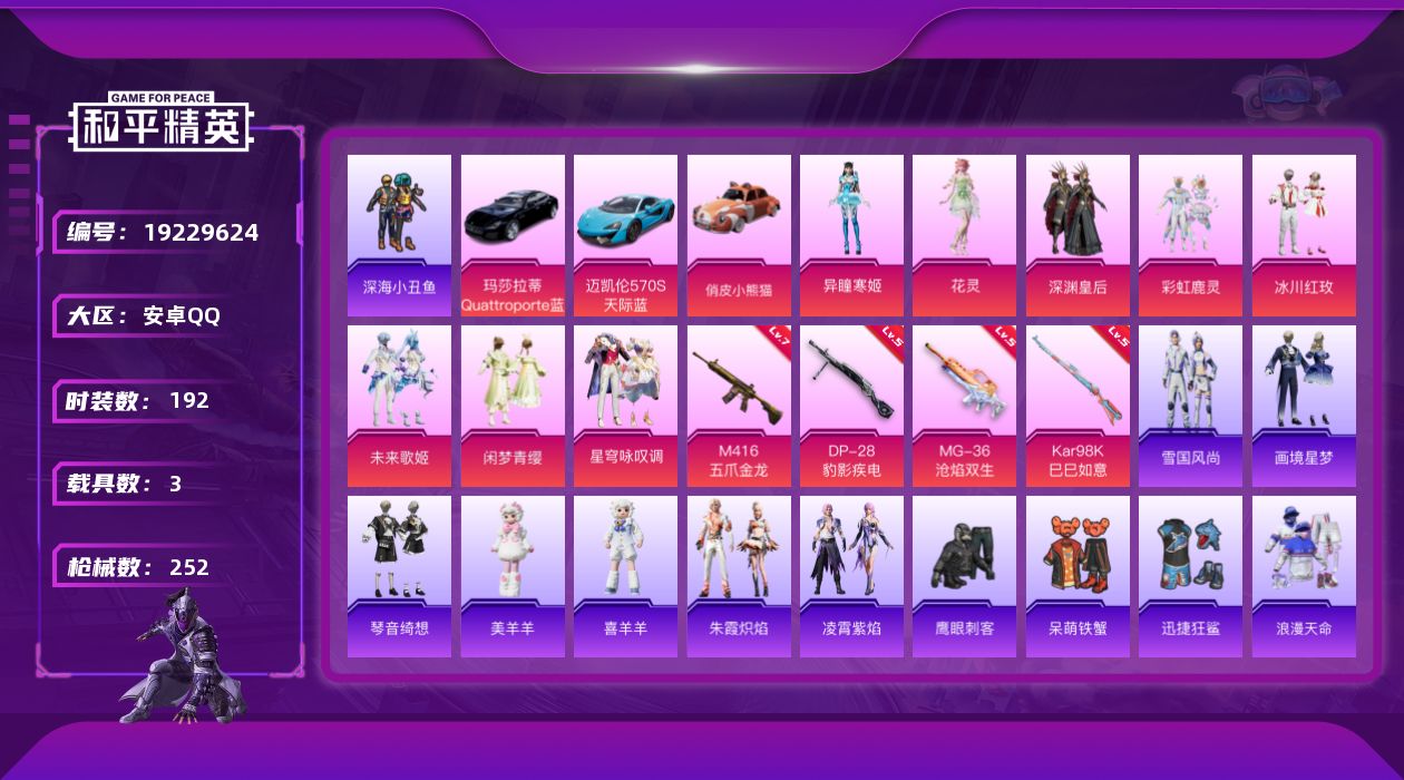 和平精英账号安卓QQ[19229624]安卓 手Q-8粉装-4特效枪-3载具-2粉色飞行器-80136热力值-17王牌印记-192套装-252枪皮
【热门品类】：套装-浪漫天命，套装-深海小丑鱼，套装-小丑鱼，套装-龟仙
