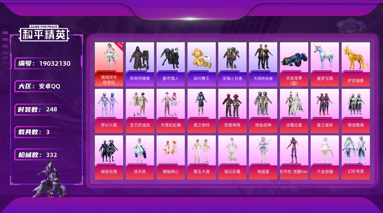 和平精英账号安卓QQ[19032130]248套装/枪械14/装备505/载具3/战备266/王牌印记13/热力值125733/五级AKM-甜心宝贝/五级SCAR-L-锦绣绵绵/五级M416-电玩时刻/五级GROZA-镜