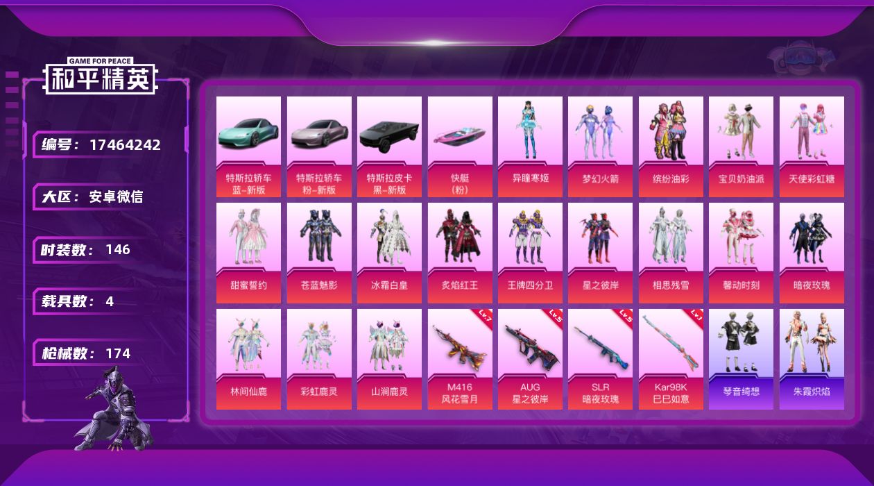 和平精英账号安卓微信[17464242]【特价出售/店主推荐】
安卓 微信-17粉装-4特效枪-4载具-6粉色飞行器-71994热力值-8王牌印记-146套装-174枪皮
【热门品类】：粉装-梦幻火箭，粉装-缤纷油彩
【