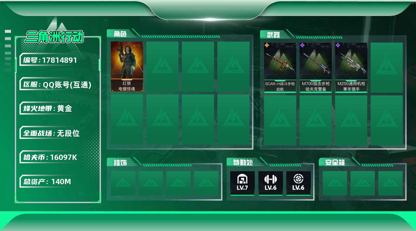 三角洲行动账号QQ总资产：140.6M, 哈夫币：16097K ;总资产(M)：140M/哈夫币(K)：16097K/