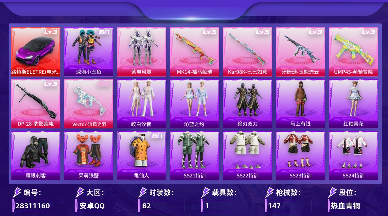 [28311160]安卓手Q-历史最高段位：超级王牌1星-1粉装-6特效枪-1载具-3粉色飞行器-40423热力值-1王牌印记-82套装-147枪皮
【红色载具等级】：路特斯ELETRE（电光紫）(三级)
【热门品类】：套装-深海小丑鱼，套装-龟仙人
【粉色套装】：粉装-紫电风暴
【粉色枪皮等级】：UMP45-萌骑冒险(三级)，Vector-流风之羽(一级)，汤姆逊-玉魄流云(三级)，Kar98K-巳巳如意(五级)，Mk14-福马献瑞(五级)，DP-28-豹影疾电(三级)
【粉色载具】：路特斯ELETRE（电光紫）
【粉色枪皮】：UMP45-萌骑冒险，Vector-流风之羽，汤姆逊-玉魄流云，Kar98K-巳巳如意，Mk14-福马献瑞，DP-28-豹影疾电
【粉色飞行器】：炫彩糖果飞行器，百合蜜语飞行器，惊雷剑影飞行器
【粉色降落伞】：灰烬之翎降落伞，碧影闪光降落伞，百合蜜语降落伞，恐龙拽拽降落伞，橘柚倾心降落伞，炫光之旅降落伞，炫彩糖果降落伞，鸢尾珑雾降落伞
【稀有套装】：套装-龟仙人，套装-炫彩糖果，套装-马上有钱，套装-绝刃双刀，套装-冰河战士，套装-香桃花海，角色-米开朗基罗，套装-蓝海鲸歌，套装-雨过天青，套装-红釉青花，套装-皎白汐音，套装-沁蓝之约
【稀有枪皮】：AUG-冰晶雪宝，AKM-彩虹符号，AKM-影袭，AKM-恐龙拽拽，AKM-破晓战魂，AKM-龙的传人，M16A4-幻世战舞者，SCAR-L-夜灯，SCAR-L-玉兔迎春，SCAR-L-红色方程式，M416-糯团青竹，M416-蓝色火焰，GROZA-彩虹符号，GROZA-影袭，GROZA-恐龙拽拽，GROZA-荧海星豚，AUG-天降萌叽，AUG-耀粉歌者，QBZ-彩虹符号，QBZ-飞驰魅影，M762-天降萌叽，AC-VAL-天降萌叽，AC-VAL-甜心亚梦，蜜獾-垂柳戏鸭，蜜獾-天降萌叽，蜜獾-娇憨猪猪，蜜獾-虎痴许褚，UZI-天降萌叽，UZI-娇憨猪猪，UZI-影袭，UZI-炫彩节奏，UMP45-夜灯，UMP45-生命誓言，Vector-彩虹符号，Vector-百合蜜语，汤姆逊-天降萌叽，汤姆逊-耀粉歌者，汤姆逊-像素花束，P90-飞驰魅影，P90-巳巳如意，Kar98K-彩虹符号，Kar98K-影袭，Kar98K-飞驰魅影，M24-影袭，M24-炫彩节奏，M24-百合蜜语，AWM-恐龙拽拽，AWM-炙焰牛王