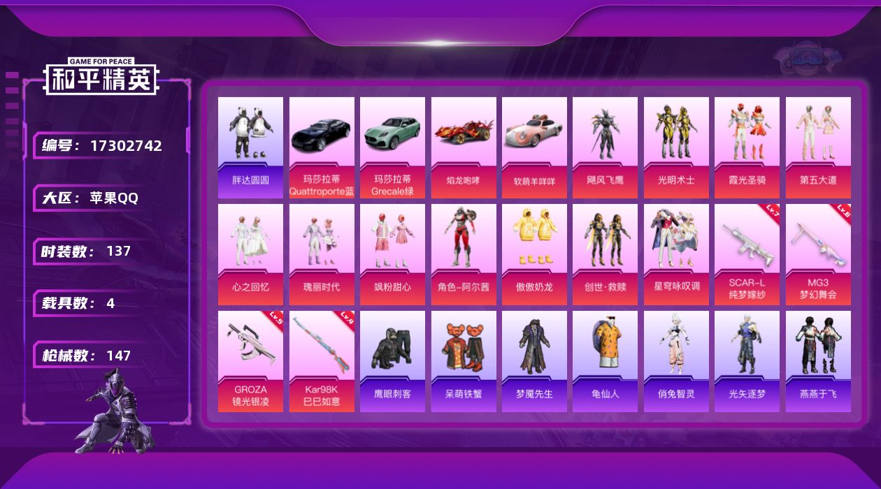 和平精英账号苹果QQ[17302742]【特价出售/店主推荐】苹果 手Q-11粉装-4特效枪-4载具-1粉色飞行器-57291热力值-11王牌印记-137套装-147枪皮
【热门品类】：套装-胖达圆圆，套装-龟仙人
【粉