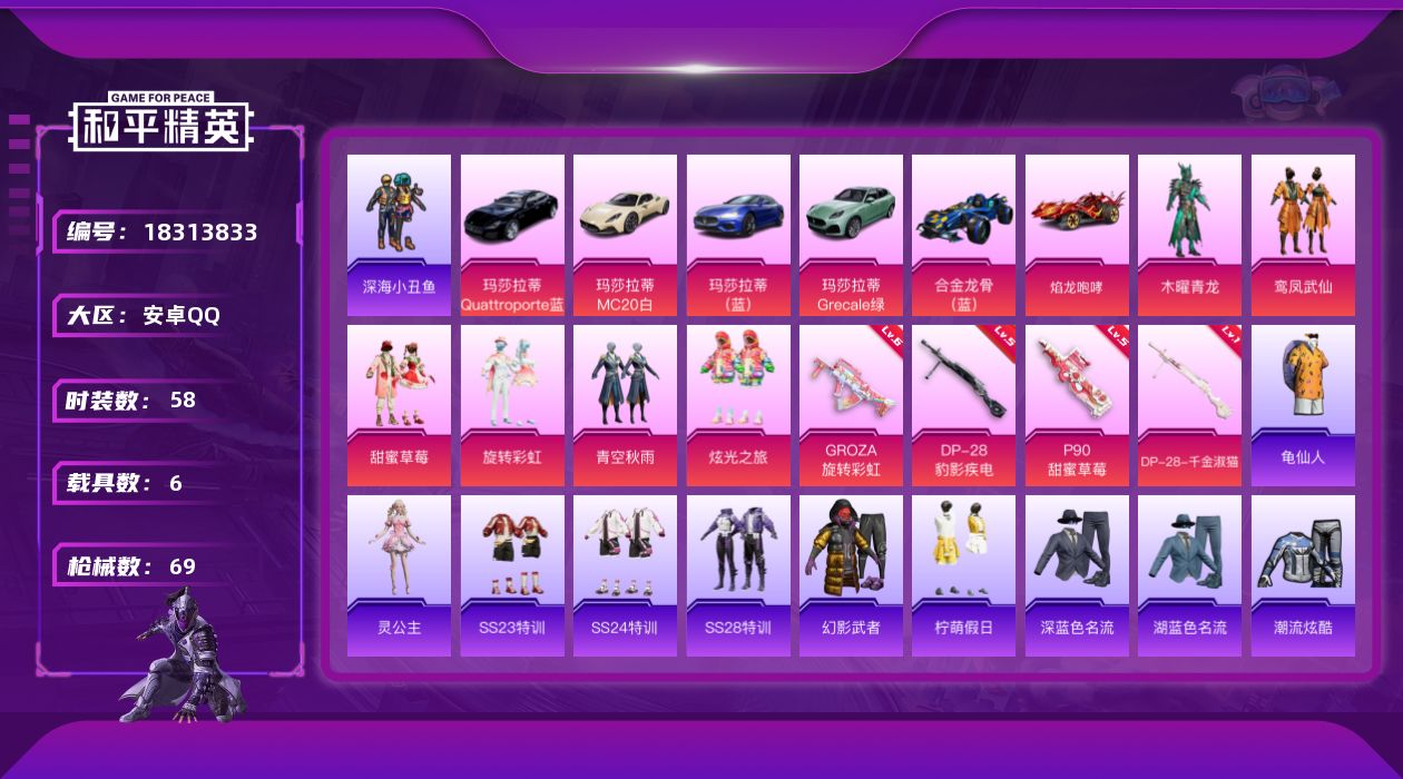 和平精英账号安卓QQ[18313833]安卓 手Q-6粉装-4特效枪-6载具-1粉色飞行器-30341热力值-4王牌印记-58套装-69枪皮
【热门品类】：套装-深海小丑鱼，套装-龟仙人
【粉色套装】：粉装-木曜青龙，粉