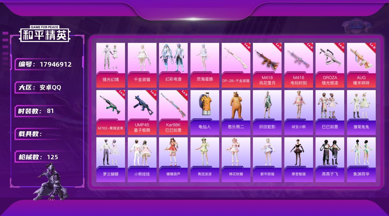 和平精英账号安卓QQW5655    可立即换绑无需挂单养号   安卓 手Q-4粉装-8特效枪-0载具-38143热力值