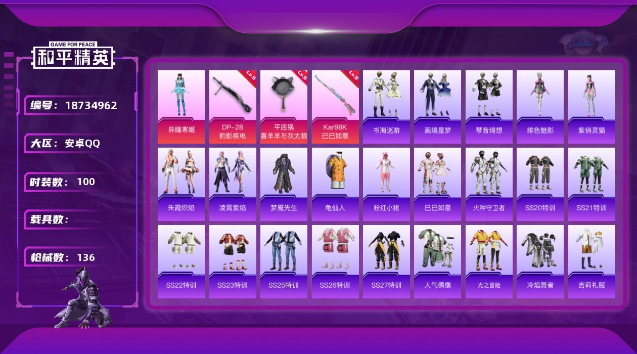 和平精英账号安卓QQ[18734962]安卓 手Q-2粉装-7特效枪-0载具-2粉色飞行器-35446热力值-5王牌印记-100套装-136枪皮
【热门品类】：套装-龟仙人，套装-粉红小猪
【粉色套装】：角色-异瞳寒姬，