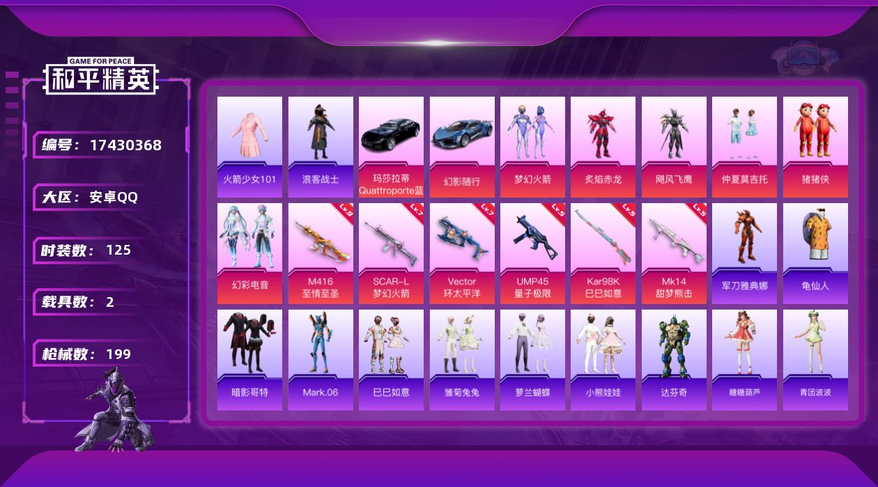和平精英账号安卓QQ[17430368]老101/安卓 手Q-6粉装-6特效枪-2载具-1粉色飞行器-63844热力值-14王牌印记-125套装-199枪皮【热门品类】：粉装-梦幻火箭，套装-火箭少女101，角色-军刀雅