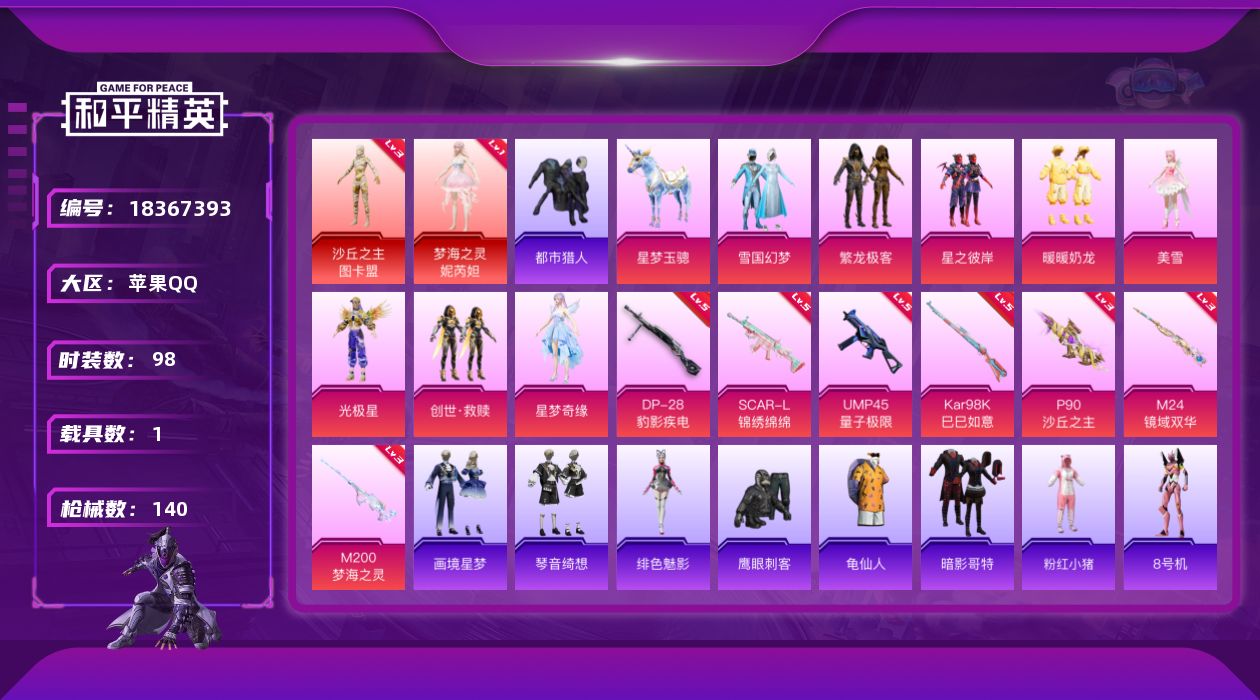 和平精英账号苹果QQ[18367393]苹果 手Q-2神装-8粉装-8特效枪-1载具-7粉色飞行器-50810热力值-9王牌印记-98套装-140枪皮
【红色神装等级】：梦海之灵-妮芮妲(一级)，沙丘之主-图卡盟(三级)