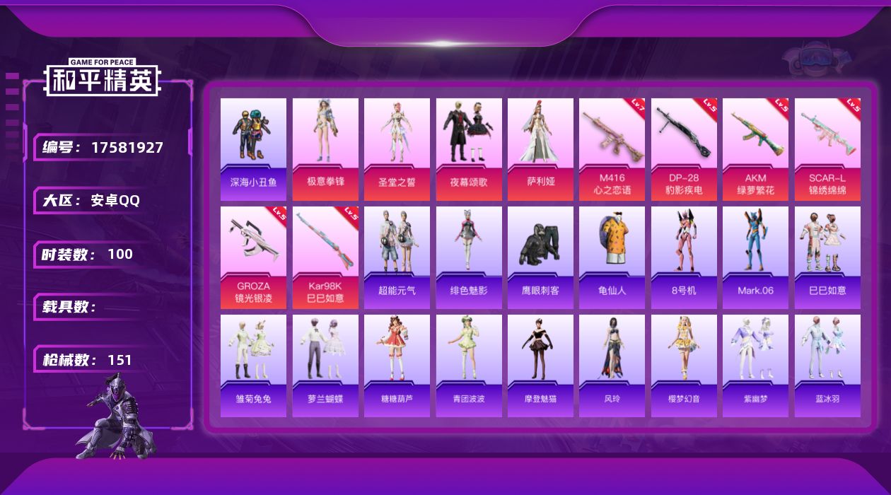 和平精英账号安卓QQ[17581927]安卓 手Q-5粉装-8特效枪-0载具-4粉色飞行器-44974热力值-7王牌印记-100套装-151枪皮
【热门品类】：套装-深海小丑鱼，套装-龟仙人，角色-8号机，角色-Mark