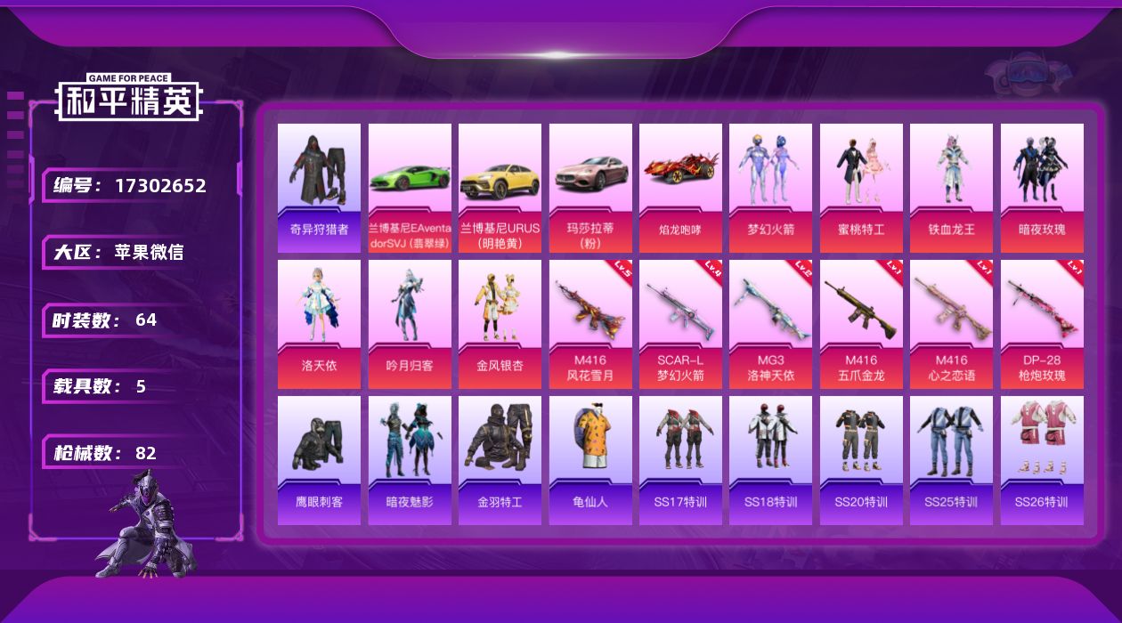 和平精英账号苹果微信[17302652]实名: 可修改 时装数: 64 载具数: 5 枪械数: 82 战备数: 50 热门装扮: 奇异狩猎者,梦幻火箭(新101),鹰眼刺客,蜜桃特工,铁血龙王,暗夜玫瑰,吟月归客,洛天依