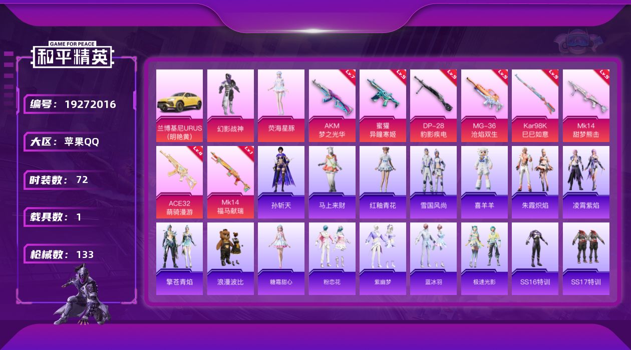 和平精英账号苹果QQ[19272016]苹果 手Q-2粉装-8特效枪-1载具-1粉色飞行器-38503热力值-7王牌印记-72套装-133枪皮
【热门品类】：套装-浪漫波比
【粉色套装】：粉装-幻影战神，角色-荧海星豚
