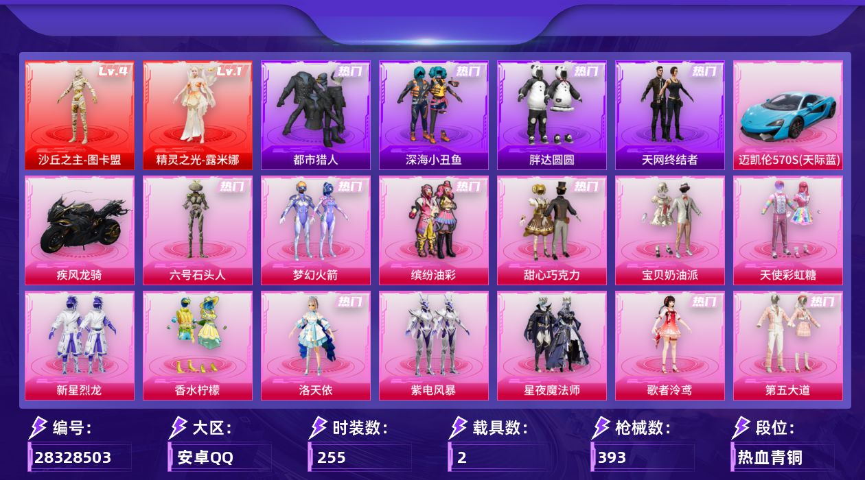 [28328503]安卓手Q-历史最高段位：超级王牌18星-2神装-30粉装-22特效枪-2载具-14粉色飞行器-141174热力值-25王牌印记-255套装-393枪皮
【红色神装等级】：精灵之光-露米娜(一级)，沙丘之主-图卡盟(四级)
【红色角色神装】：精灵之光-露米娜，沙丘之主-图卡盟
【热门品类】：粉装-梦幻火箭，粉装-缤纷油彩，套装-浪漫天命，套装-都市猎人，套装-深海小丑鱼，套装-小丑鱼，套装-胖达圆圆，套装-天网终结者，套装-龟仙人，套装-潮萌小黄鸭，套装-暗影哥特，角色-Mark.06，撬棍-龙胆亮银枪
【粉色套装】：粉装-甜心巧克力，粉装-宝贝奶油派，粉装-天使彩虹糖，粉装-梦幻火箭，粉装-缤纷油彩，粉装-新星烈龙，粉装-香水柠檬，角色-洛天依，粉装-紫电风暴，粉装-星夜魔法师，角色-歌者泠鸢，粉装-第五大道，粉装-纯珍童话，粉装-黄族统领，角色-白勺歌姬，角色-小可学妹，粉装-天星战神，粉装-萌物绒绒，角色-万古烈焰，角色-宙之时溯，角色-星云暗核，角色-圣堂之誓，角色-星梦奇缘，角色-金域紫灵，角色-狂花道·不知火舞，角色-千金淑猫，粉装-星穹咏叹调，粉装-幻彩电音，角色-绯穹魔姬，角色-六号石头人
【粉色枪皮等级】：AKM-梦之光华(五级)，SCAR-L-青春物语(四级)，M416-心之恋语(七级)，M416-超新星(三级)，M416-墨龙九天(三级)，GROZA-精灵之光(三级)，AUG-星梦奇缘(三级)，M762-激战未来(四级)，UMP45-宇宙意志(三级)，Vector-环太平洋(四级)，Vector-飒粉甜心(五级)，汤姆逊-玉魄流云(五级)，P90-沙丘之主(三级)，P90-金丰海韵(四级)，Kar98K-巳巳如意(五级)，M24-星之信仰(四级)，M24-莲影清波(一级)，Mk14-福马献瑞(五级)，DP-28-豹影疾电(五级)，MG3-洛神天依(五级)，MG3-辉羽雀灵(三级)，破片手榴弹-瓶中星球(七级)
【粉色载具】：迈凯伦570S（天际蓝），疾风龙骑
【粉色枪皮】：AKM-梦之光华，SCAR-L-青春物语，M416-心之恋语，M416-超新星，M416-墨龙九天，GROZA-精灵之光，AUG-星梦奇缘，M762-激战未来，UMP45-宇宙意志，Vector-环太平洋，Vector-飒粉甜心，汤姆逊-玉魄流云，P90-沙丘之主，P90-金