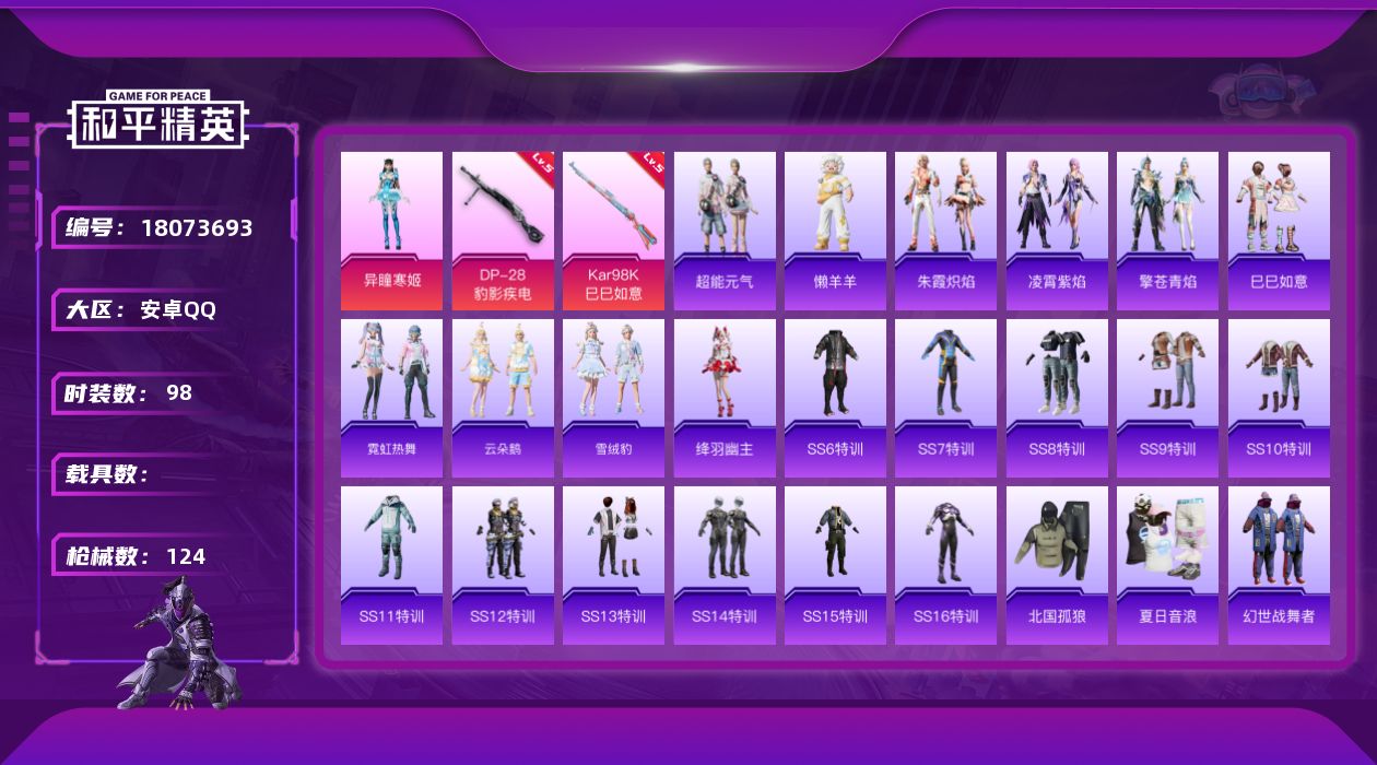 和平精英账号安卓QQ[18073693]【特价出售/店主推荐】安卓 手Q-1粉装-5特效枪-2粉色飞行器-35154热力值-6王牌印记-98套装-124枪皮
【粉色套装】：角色-异瞳寒姬
【粉色枪皮等级】：UMP45-萌