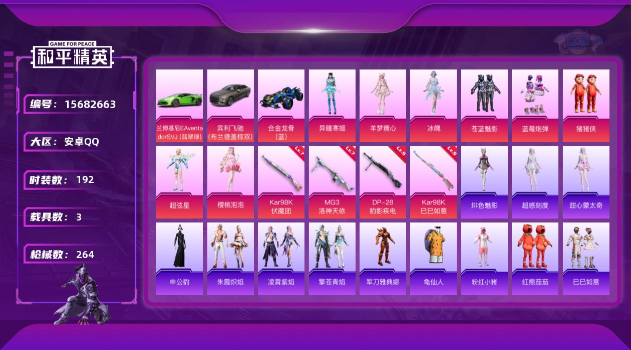 和平精英账号安卓QQ[15682663]"DAS8633有二次 安卓Q-3载具8粉装4特效枪14热门192套装264枪皮 83395热力值 17印记 历史绝世王牌27星  Kar98K-伏魔团 (7级) MG3-洛神天依