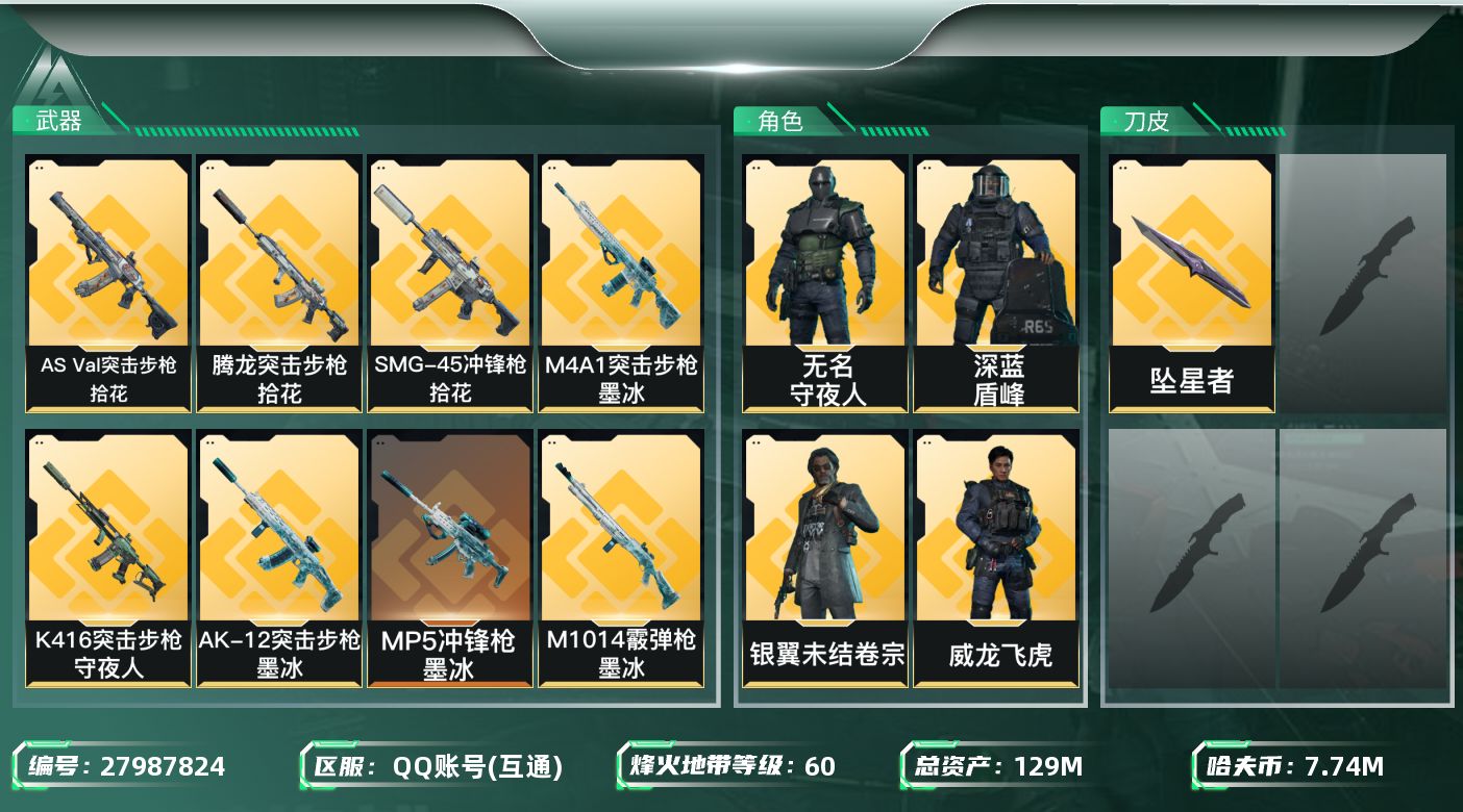 三角洲行动账号QQ[27987824]【8042】129m总资产-7745k哈夫币-60烽火等级-黄金-10战场等级-